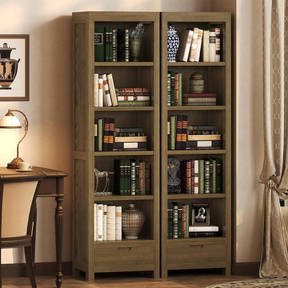 TVU 5-Tier Solid Wood Bookshelf with Drawers, 72-inch Tall Standing Bookcase, 17.7" Wide Open Display Shelf for Living Room, Study, Office Storage, Deep Wood Color