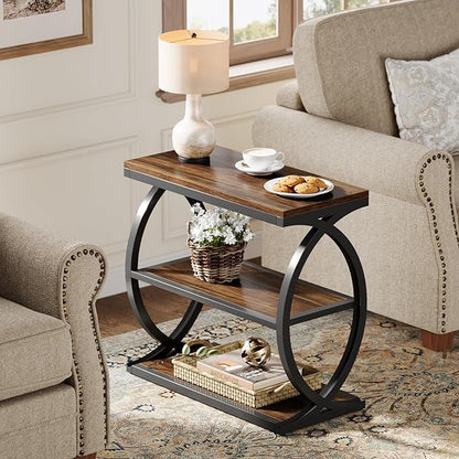 Tribesigns End Table Set of 2, Narrow 3-Tier End Table for Living Room, Industrial Wooden Side Table with Metal Frame, Small Bedside Nightstand for Bedroom, Small Spaces, Rustic Brown