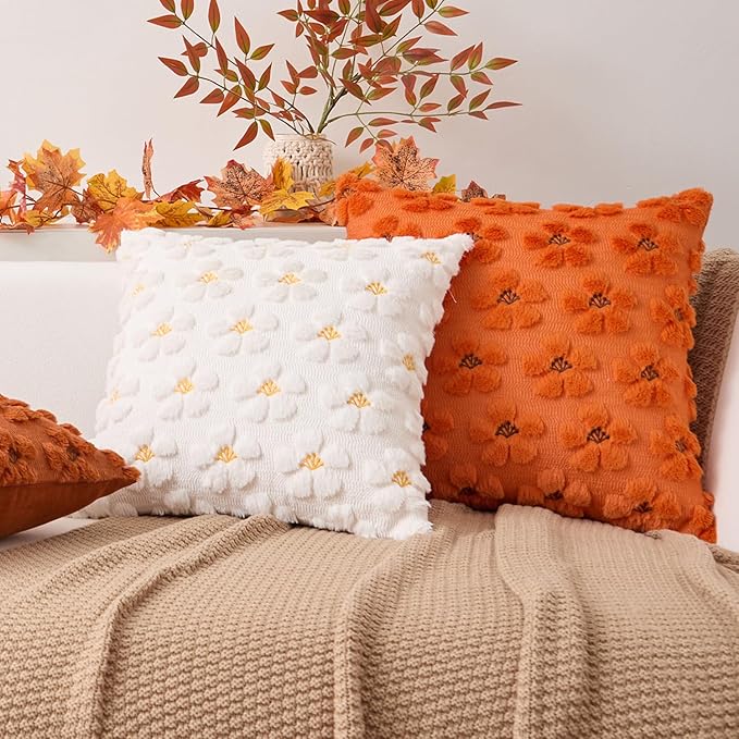 Kevin Textile Fall Floral Pillow Covers 18x18 Inch Set of 2 Cute Flowers Embroidery Decor Soft Plush Faux Fur Throw Pillows Pillowcases for Holiday Harvest Decor Sofa Couch Bedroom, Cream White