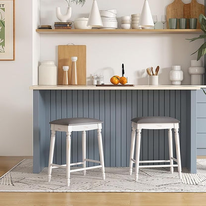 COSTWAY Upholstered Bar Stools Set of 4, 24-Inch Backless Counter Height Dining Stools with Delicate Wood Carving, Footrest, Solid Rubber Wood Frame, Farmhouse BarStools for Kitchen Island Bar, White
