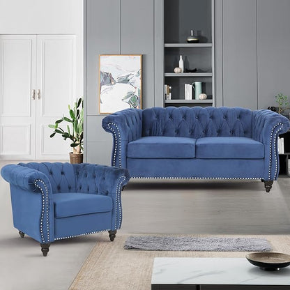 Velvet Sofa Couches Set, 3-Piece Mid Century Modern Upholstered Couch with Cushions, Home Sofa Sectional Furniture Sets, Comfy Tufted Chesterfield Couches for Living Room, Bedroom, Office