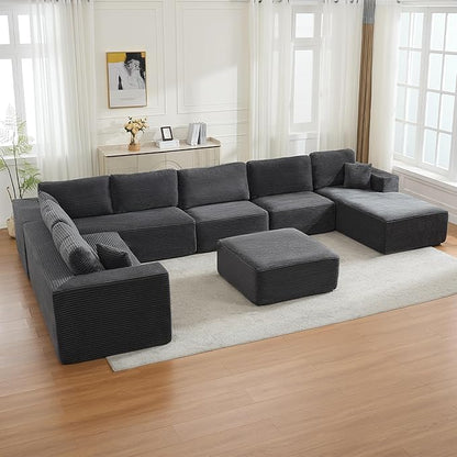Modular Sectional Cloud Couch for Living Room,Modern Boneless Couche Set with Plush Corduroy,Comfy Floor Sofa with Memory Foam,Stupendous U Shaped Sofa with Ottoman,No Assembly Required,Grey
