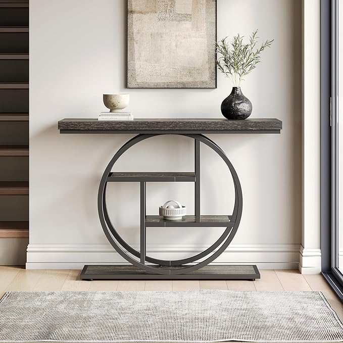LITTLE TREE Console Table, 4-Tier Entryway Table, 41.3-Inch Industrial Sofa Table for Living Room, Foyer Hallway Table for Entrance, Deep Grey and Black