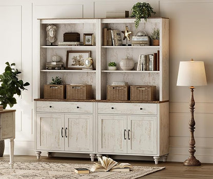 WAMPAT 5 Tier Bookshelf 72" Tall Bookcase with Barn Doors, Large Farmhouse Display Book Shelf with 2 Drawers and Storage Cabinet, Library Wood Bookshelves for Living Room,Kitchen, Rustic White (2PCS)
