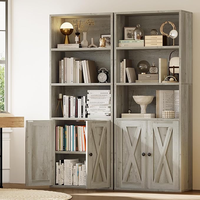 IRONCK Industrial Bookshelves and Bookcases with Doors 11.8 in Depth Set of 2 Floor Standing 5 Shelf Display Storage Shelves Bookcase Home Decor Furniture for Home, Office, Living Room, Bedroom