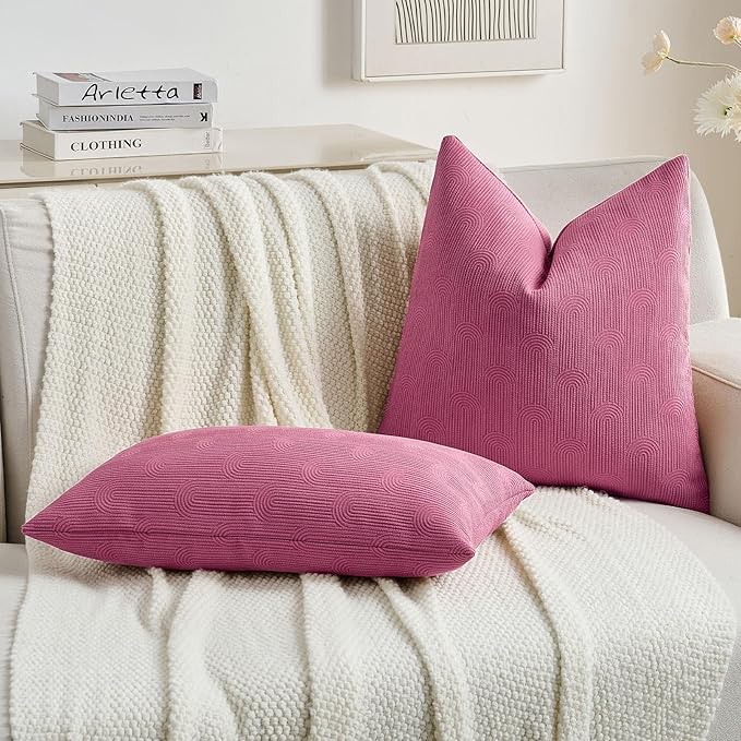 FUTEI Hot Pink Chenille Decorative Throw Pillow Covers 26x26 Inch Set of 2,Soft Cozy Striped Geometric Patterns Euro Pillow Shams,Modern Home Decor for Couch Bed Living Room