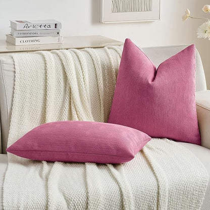 FUTEI Hot Pink Chenille Decorative Throw Pillow Covers 24x24 Inch Set of 2,Soft Cozy Striped Geometric Patterns European Cushion Cases,Modern Home Decor for Couch Bed Living Room