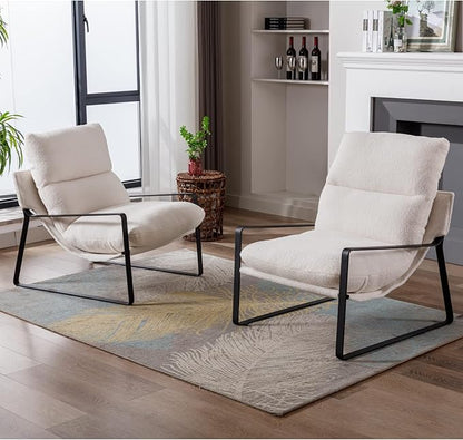LukeAlon Modern Sherpa Accent Armchairs Set of 2, Upholstered Living Room Chairs with Metal Base Thickened Cushion Single Sofa Chairs Comfy Lounge Chairs for Bedroom Living Room, White