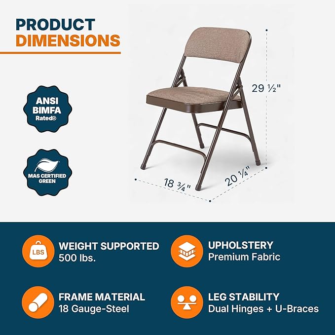 OEF Furnishings OEF2200 Series Heavy-Duty Premium Fabric Padded Upholstery Double-Hinged Folding Chairs (4-Pack, Honey Brown)