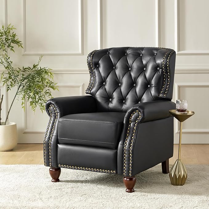 HULALA HOME Genuine Leather Recliner Chair Set of 2 w/Solid Wood Feet, Modern Adjustable Tufted Push Back Arm Chair w/Rivet Decoration, Home Theater Seating Reclining Sofa for Living Room, Black