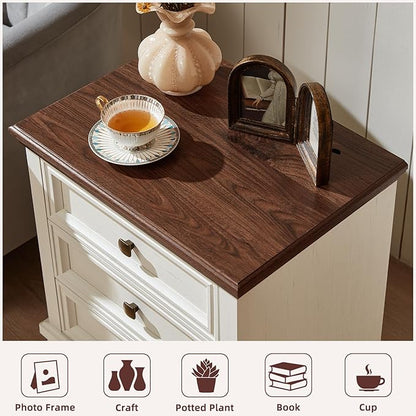 Farmhouse Nightstand with 3 Drawers, Rustic Couch End Table with 4 Square Solid Wood Legs, Mid-Century Modern Bed Side Table with Storage, Small Dresser for Bedroom, Living Room, White