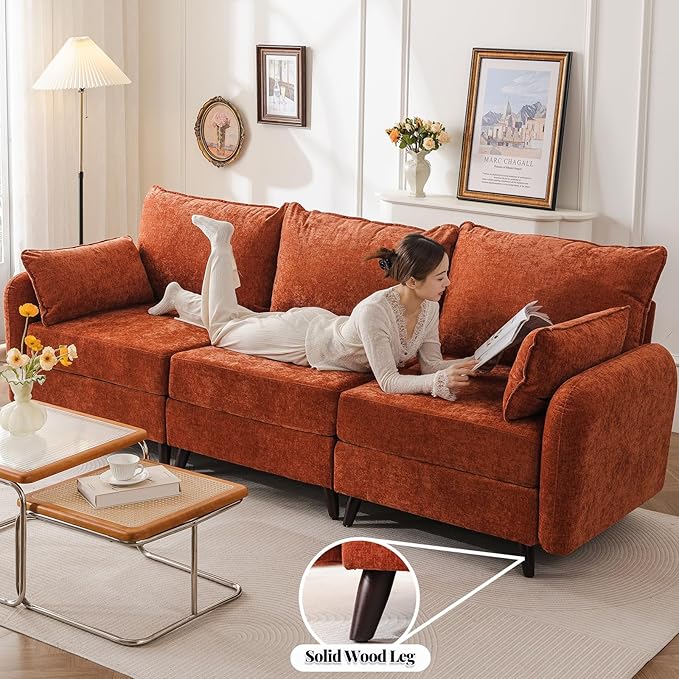 135'' Modular Sectional Sofa with Storage Seat,Oversized U Shaped Couch with Ottoman,7 Seater Couches for Living Room,Bedroom,Velet,Orange