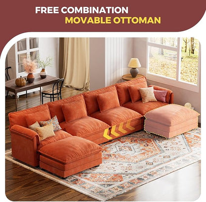 ELUCHANG 153" U Shaped Modular Sectional Cloud Couch with Pillow, Deep Seat Sofa Couches for Living Room, 6-Seat Modern Sofa with Movable Ottoman, Chenille Terracotta