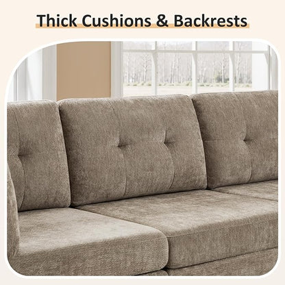 VANOMi 4 Seat Modular Cloud Sofa with 2 Ottomans, 118" Sectional Sofas & Couches for Living Room, Comfy Chenille Cloud Sectional Couch Sofas for Living Room, Apartment, Office, Camel, U Shaped