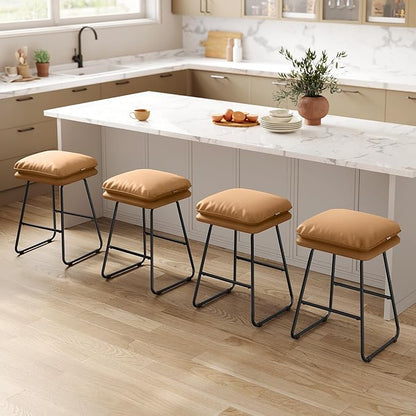 VASAGLE Bar Stools Set of 4, Counter Height Bar Stools, Leather Counter Stools Barstools with Soft Cushion and Metal Sled Legs, 25.6 Inches Bar Height Bar Chairs for Kitchen Island, Caramel Brown