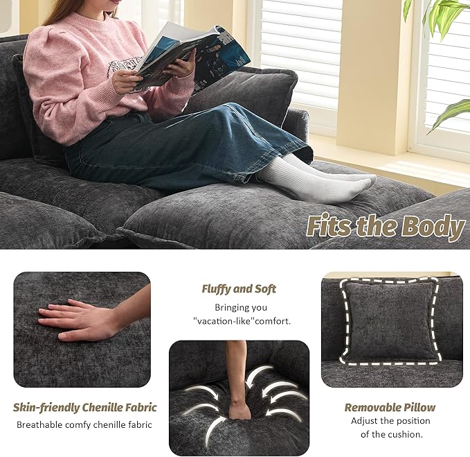 111'' Sectional Cloud Deep Seat Couch, Modern Comfy Chenille L Shaped Sectional Sofa for Living Room Set, Upholstered Modular 4-Seats Sofa Couch with Movable Ottoman, Dark Grey