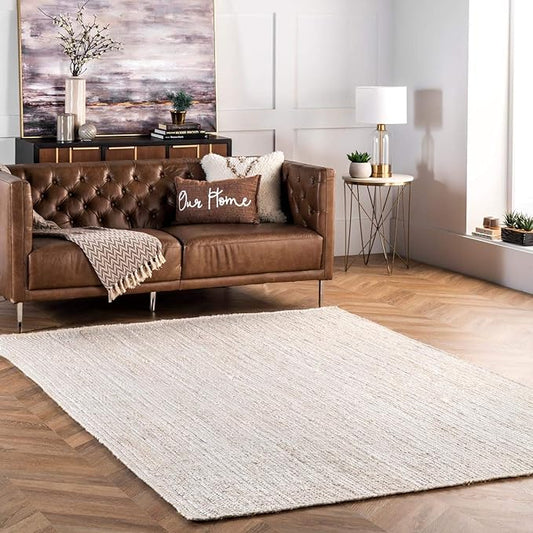 nuLOOM 4 Square Rigo Jute Hand Woven Area Rug, Off White, Solid Farmhouse Design, Natural Fiber, For Bedroom, Living Room, Dining Room, Hallway, Office, Kitchen, Entryway