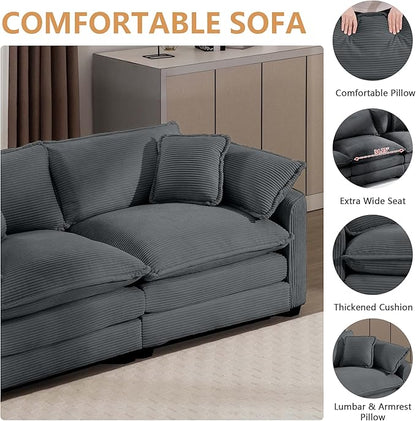 mikibama Luxury 3 Piece Sofa Set, Loveseat Couch & 2 Single Sofa Set, Modern Corduroy Comfy Cloud Couches Set for Living Room Office with 2 Armrest Pillows and 4 Toss Pillows, Grey