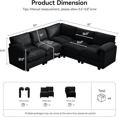 87'' V-Shaped Sectional Sofa Couch, 5-Seater Modular Couches for Living Room, Corduroy Deep Seat Cloud Sofa with Center Stitched, Black