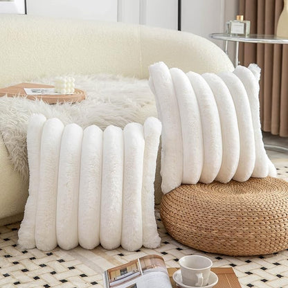 Neelvin Cream White Faux Fur Cozy Soft Striped Decorative Throw Pillow Covers 26x26 inch Set of 2,Velvet Pillowcase Cushion Case for Sofa Couch