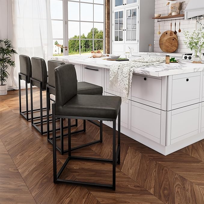 ALPHA HOME 24 Inch Bar Stools Set of 3, Kitchen Counter Stools with Backs, PU Leather Barstools, Kitchen Stools with Back&Upholstered Footrest, Sturdy Chromed Metal Steel Frame, Grey