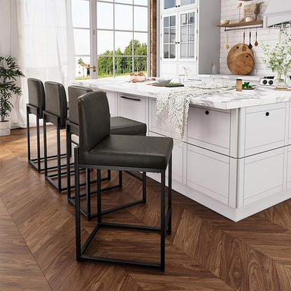 ALPHA HOME 24 Inch Bar Stools Set of 6, Kitchen Counter Stools with Backs, PU Leather Barstools, Kitchen Stools with Back&Upholstered Footrest, Sturdy Chromed Metal Steel Frame, Grey
