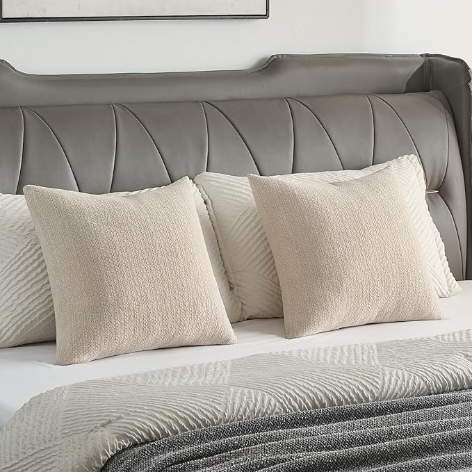 FUTEI Beige Chenille Throw Pillow Covers 24x24 Inch Set of 2,Soft Striped & Diamond Textured European Cushion Cases,Modern Home Decor for Couch Living Room