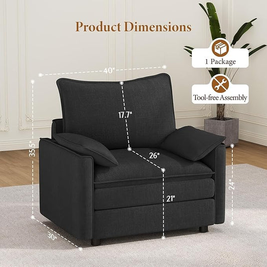 Vesgantti 40" Single Seat Sofa, Comfy Cloud Couch Deep Seat Upholstered Couch Chenille Modern Sofa with Armrest Pillow, Easy Assembly for Living Room, Bedroom and Apartment, Black