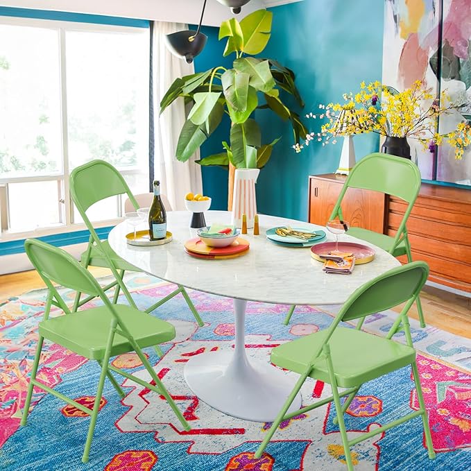 VINGLI Folding Chairs All Steel Metal Frame, Capacity 350 lbs, Durable Portable and Versatile for Indoor Outdoor Use, Green, Set of 4