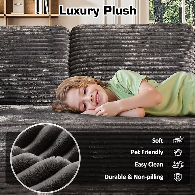 135.4'' U Shaped Sectional Couches for Living Room, Large Boneless Cloud Couch, Modern Modular Sofa Deep Seat Plush Corduroy, No Assembly Required,Plush Corduroy,Gray