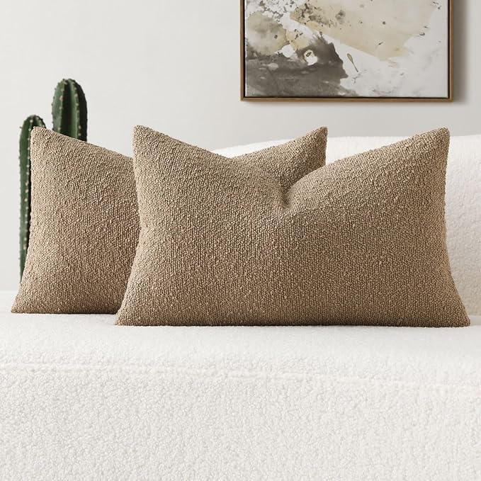 FUTEI Pack of 2 Khaki Decorative Throw Pillow Covers 12x20 Inch Soft Cozy Solid Boucle Textured Lumbar Pillow Cases,Modern Home Decor for Couch Bed Living Room