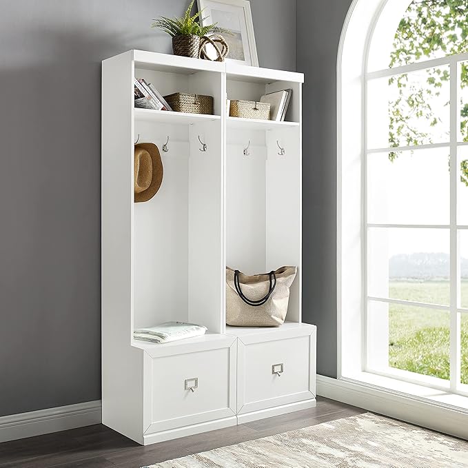 Crosley Furniture Harper 2-Piece Hall Tree Entryway Set with Storage Bench and Coat Rack Hooks for Hanging, White