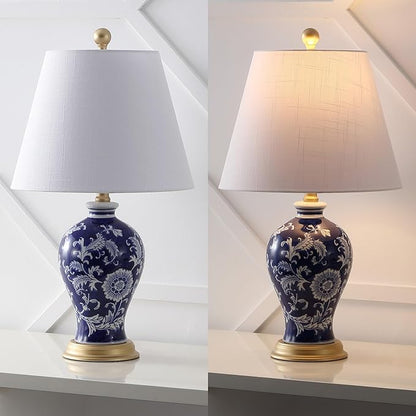JONATHAN Y JYL3009E Grace 24" French Country Cottage Ceramic/Iron Floral Urn LED Table Lamp, Navy/White for Bedroom, Living Room, Office, College