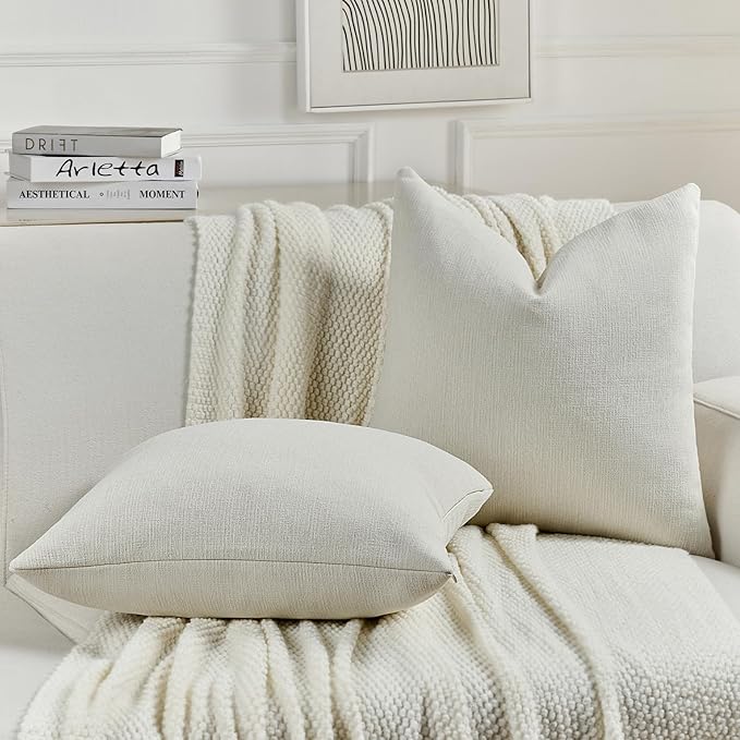 FUTEI Cream Chenille Decorative Throw Pillow Covers 12x20 Inch Set of 2,Soft Cozy Faux Linen Textured Lumbar Pillow Cases,Farmhouse Home Decor for Couch Living Room