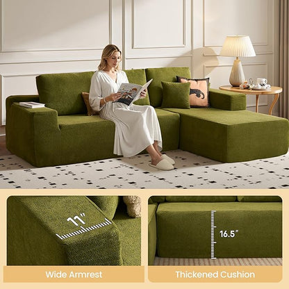 104" Cloud Sectional Couch with Chaise, Boneless L-Shaped Cloud Couch with Deep Seat, Modern Minimalist Sofa, Assembly Free Comfy Sofa for Office Living Room Study Room Apartment(Green, Right Chaise)
