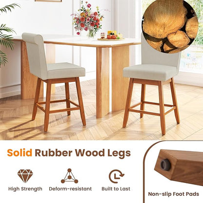 COSTWAY Swivel Bar Stools Set of 4, 27" Counter Height Bar Chairs with Rubber Wood Legs, Upholstered Linen Barstools with Back & Cushioned Seat, for Kitchen Island, Home, Beige