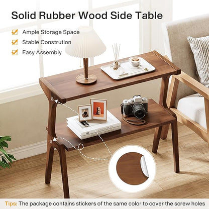 Tribesigns Solid Wood Side Table, 2-Tier Farmhouse Couch Side Table, Rustic Slim Tall Sofa End Table with Storage Shelf for Living Room, Skinny Bedside Table, Nightstand for Bedroom, Rustic Brown