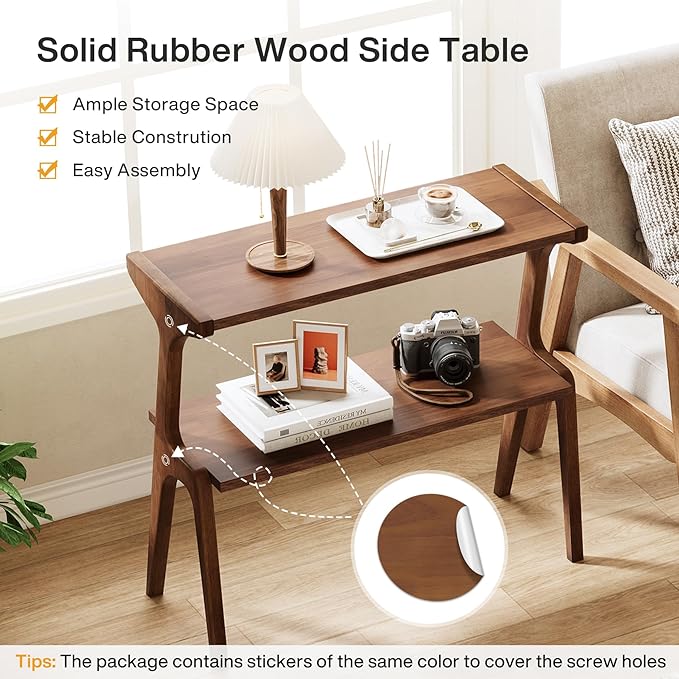 Tribesigns Set of 2 Solid Wood End Table, 2-Tier Farmhouse Couch Side Table, Rustic Tall Sofa Side Table with Storage Shelf for Living Room, Skinny Bedside Table, Nightstand for Bedroom, Rustic Brown