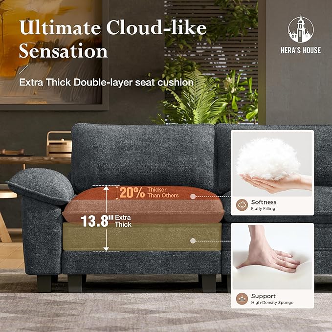 HERA'S HOUSE 88" Modular Sectional Sofa, Loveseat Couches for Living Room, Comfy Cloud Couch 2-Seater Deep Seat Sofa with Throw Pillow, Chenille Blue