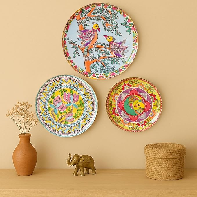 RITUALISTIC Madhubani Decorative Wall Sculpture for Home Decoration | Art Décor for Living Room | Metal Artwork | Unisex Gift Collection & Christmas gifts | Wall Plate Set of 3 Plates