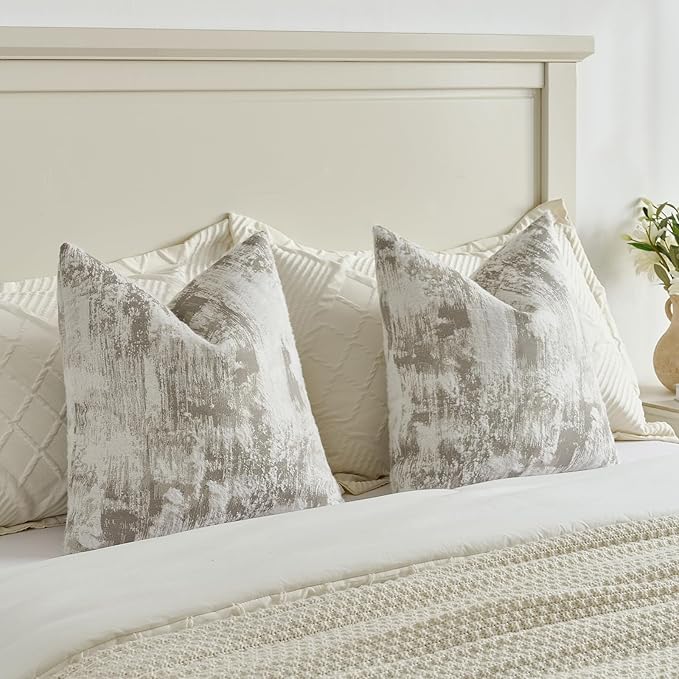 FUTEI Grey White Decorative Throw Pillow Covers 26x26 Inch Set of 2,Soft Faux Cashmere Jacquard - Textured & Cozy Euro Pillow Shams,Modern Home Decor for Couch Bed Living Room