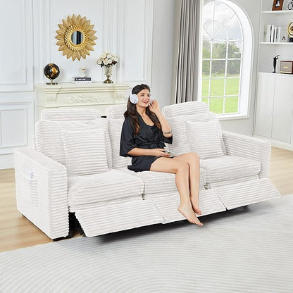 ORRD Power Reclining Sectional Sofa, Electric 3 Seat Recliner with 3 Electric Footrest and Adjustable Headrest, Modern Plush Corduroy Fluffy Reclining Sectional with Deep Seat for Living Room-White