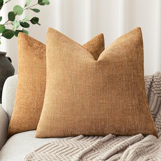 Foindtower Set of 2 Soft Textured Chenille Throw Decorative Pillow Covers Square Accent Solid Cushion Cover Neutral Farmhouse Pillow Case for Couch Sofa Bedroom Living Room 24x24 Inch,Golden Brown