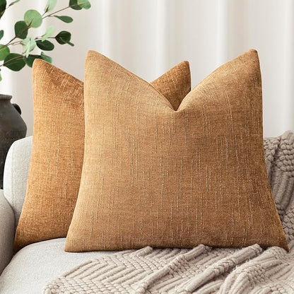 Foindtower Set of 2 Soft Textured Chenille Throw Decorative Pillow Covers Square Accent Solid Cushion Cover Neutral Farmhouse Pillow Case for Couch Sofa Bedroom Living Room 16x16 Inch,Golden Brown