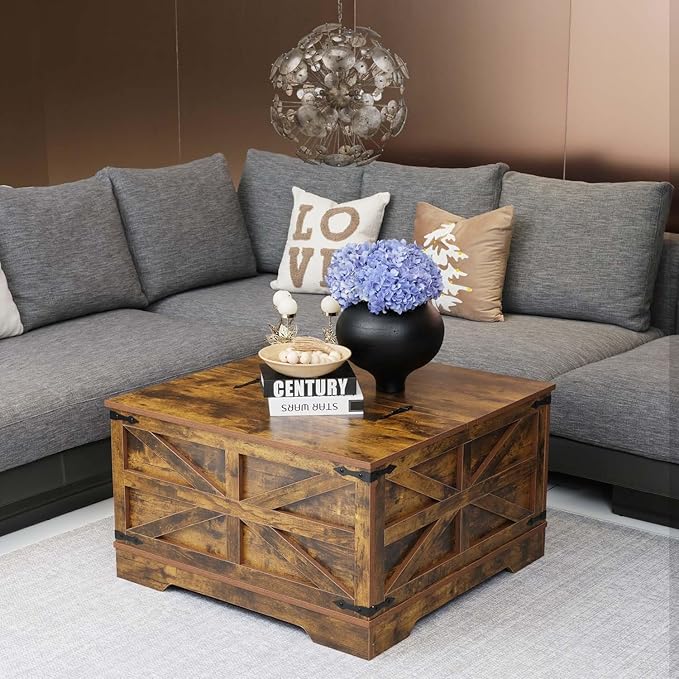 Farmhouse Coffee Table Set of 3, 1 Lift Top Coffee Table with Sliding Barn Doors and 2 End Tables with Charging Station, Living Room Table Set for Home Office, Brown