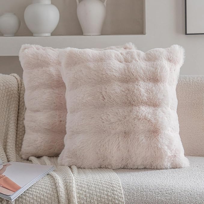 Neelvin Beige Faux Fur Cozy Soft Double-Sided Decorative Throw Pillow Covers 22x22 inch Set of 2,Velvet Pillowcase Cushion Case for Sofa Couch