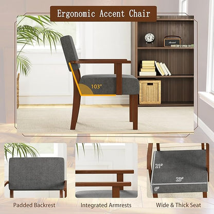 KOMFOTT Upholstered Accent Chair, Mid-Century Modern Armchair with Rubber Wood Frame, Linen Fabric Living Room Chair with Padded Seat & Backrest, Comfy Reading Chair for Bedroom, Waiting Room, Grey