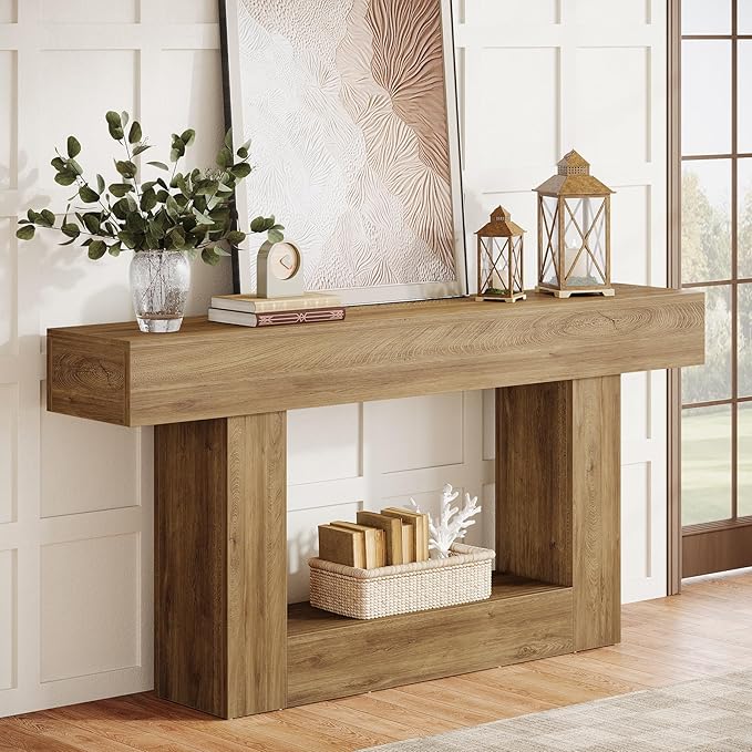 Tribesigns 63-Inch Long Console Table, 2-Tier Entryway Table Sofa Table with Storage, Farmhouse Wood Behind Couch Table for Living Room, Hallway, Light Brown
