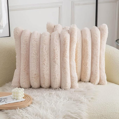 Neelvin Beige Faux Fur Cozy Soft Striped Decorative Throw Pillow Covers 26x26 inch Set of 2,Velvet Pillowcase Cushion Case for Sofa Couch