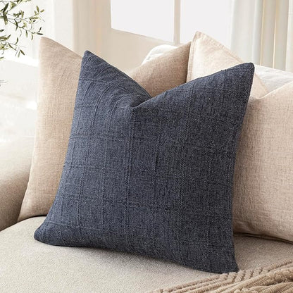 Foindtower Set of 2 Decorative Linen Check Throw Pillow Covers Neutral Farmhouse Vintage Cushion Covers Modern Boho Home Decor for Sofa Chair Couch Bedroom Living Room,16×16 Inch,Navy Blue
